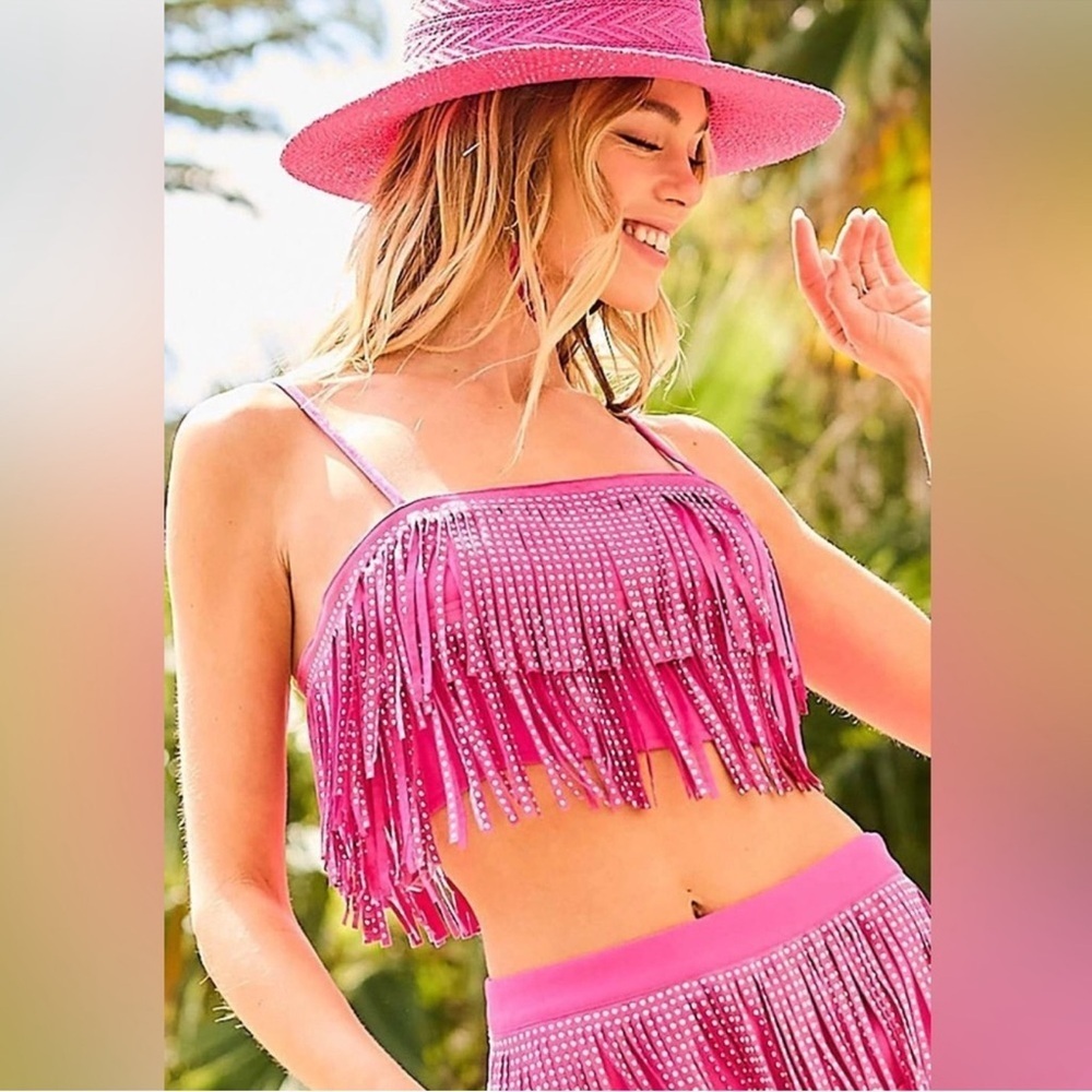 Main Strip Hot Pink Studded Fringe Crop Top